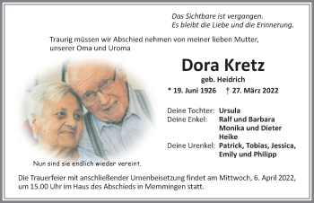 Traueranzeige von Dora Kretz von Memminger Zeitung