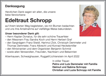 Traueranzeige von Edeltraut Schropp von Memminger Zeitung