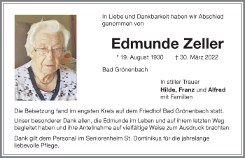 Traueranzeige von Edmunde Zeller von Memminger Zeitung