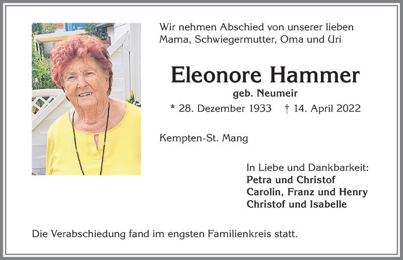  Traueranzeige für Eleonore Hammer vom 23.04.2022 aus Allgäuer Zeitung,Kempten