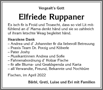 Traueranzeige von Elfriede Ruppaner von Allgäuer Anzeigeblatt