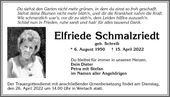 Traueranzeige von Elfriede Schmalzriedt von Allgäuer Anzeigeblatt