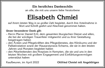 Traueranzeige von Elisabeth Chmiel von Allgäuer Zeitung, Kaufbeuren/Buchloe