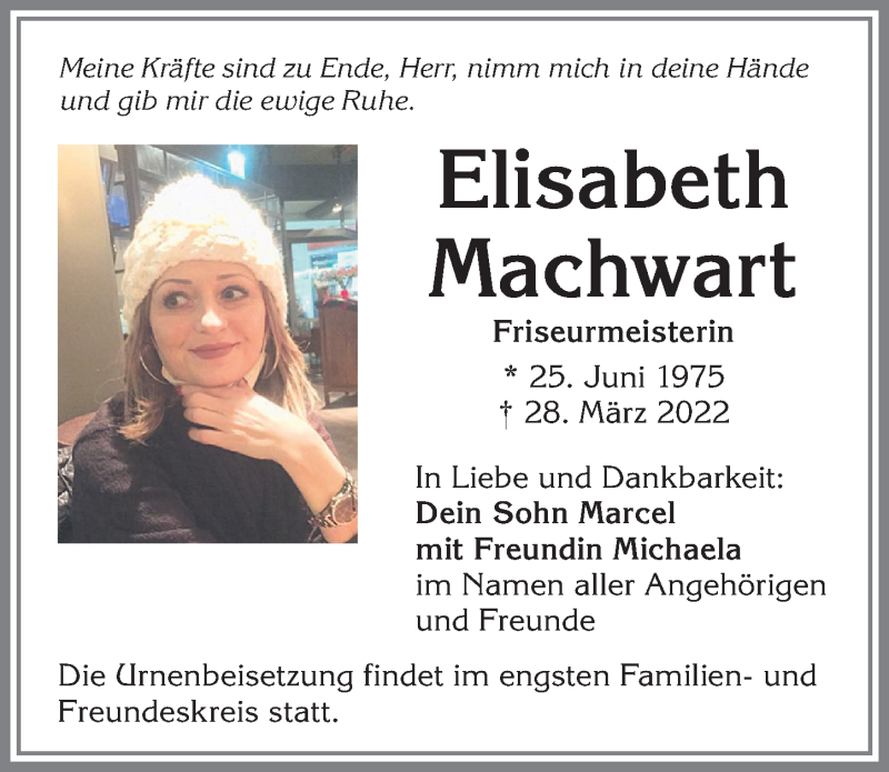  Traueranzeige für Elisabeth Machwart vom 06.04.2022 aus Allgäuer Zeitung,Kempten