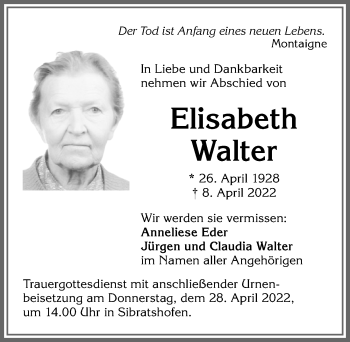Traueranzeige von Elisabeth Walter von Allgäuer Zeitung,Kempten