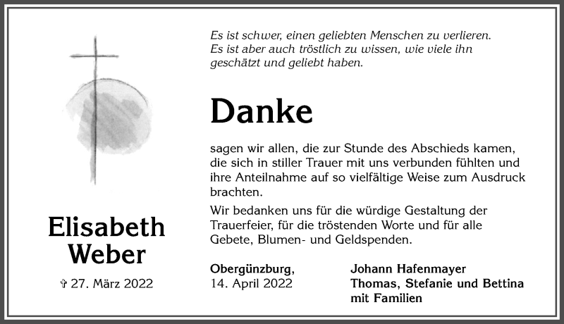 Traueranzeige für Elisabeth Weber vom 14.04.2022 aus Allgäuer Zeitung, Marktoberdorf