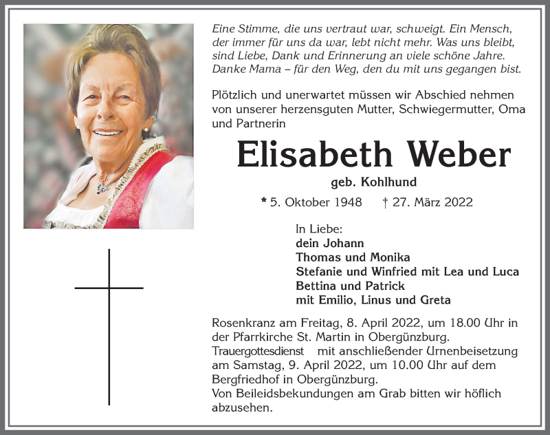  Traueranzeige für Elisabeth Weber vom 07.04.2022 aus Allgäuer Zeitung, Kaufbeuren/Buchloe