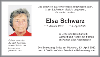 Traueranzeige von Elsa Schwarz von Allgäuer Zeitung,Kempten
