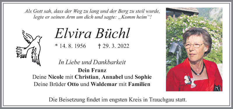  Traueranzeige für Elvira Büchl vom 02.04.2022 aus Allgäuer Zeitung, Füssen