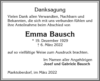 Traueranzeige von Emma Bausch von Allgäuer Zeitung, Marktoberdorf