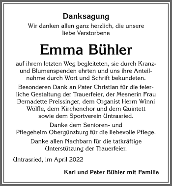Traueranzeige von Emma Bühler von Allgäuer Zeitung, Marktoberdorf