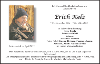 Traueranzeige von Erich Kelz von Allgäuer Zeitung, Marktoberdorf