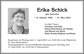 Traueranzeige von Erika Schick von Allgäuer Zeitung, Kaufbeuren/Buchloe