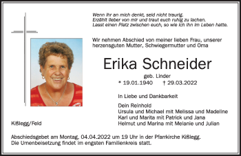 Traueranzeige von Erika Schneider von Der Westallgäuer