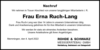 Traueranzeige von Erna Ruch-Lang von Memminger Zeitung