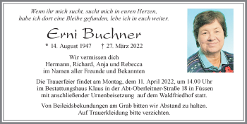 Traueranzeige von Erni Buchner von Allgäuer Zeitung, Füssen