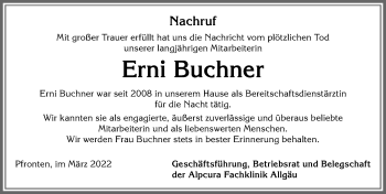 Traueranzeige von Erni Buchner von Allgäuer Zeitung, Füssen