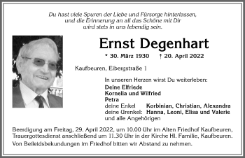 Traueranzeige von Ernst Degenhart von Allgäuer Zeitung, Kaufbeuren/Buchloe