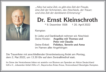 Traueranzeige von Ernst Kleinschroth von Allgäuer Zeitung,Kempten