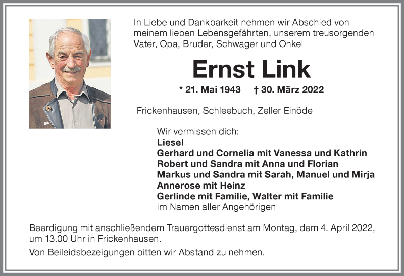  Traueranzeige für Ernst Link vom 02.04.2022 aus Memminger Zeitung