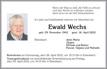 Traueranzeige von Ewald Wechs von Allgäuer Zeitung, Marktoberdorf