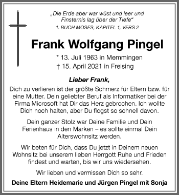 Traueranzeige von Frank Wolfgang Pingel von Memminger Zeitung