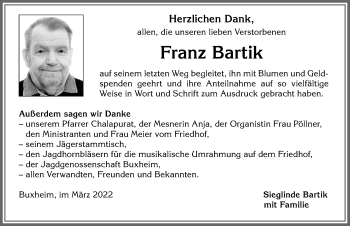 Traueranzeige von Franz Bartik von Memminger Zeitung