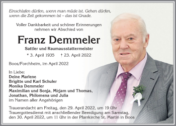 Traueranzeige von Franz Demmeler von Memminger Zeitung