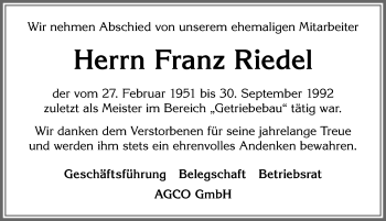Traueranzeige von Franz Riedel von Allgäuer Zeitung, Marktoberdorf