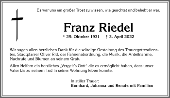 Traueranzeige von Franz Riedel von Allgäuer Zeitung, Füssen
