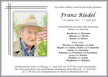 Traueranzeige von Franz Riedel von Allgäuer Zeitung, Marktoberdorf