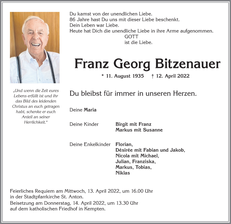  Traueranzeige für Franz Georg Bitzenauer vom 13.04.2022 aus Allgäuer Zeitung,Kempten
