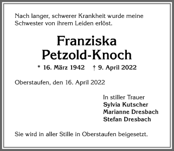 Traueranzeige von Franziska Petzold-Knoch von Allgäuer Anzeigeblatt