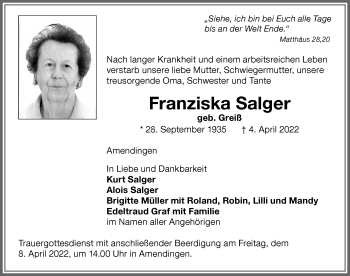 Traueranzeige von Franziska Salger von Memminger Zeitung