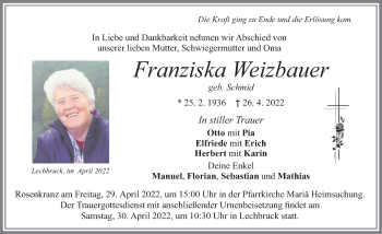 Traueranzeige von Franziska Weizbauer von Allgäuer Zeitung, Füssen