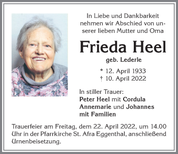 Traueranzeige von Frieda Heel von Allgäuer Zeitung, Kaufbeuren/Buchloe