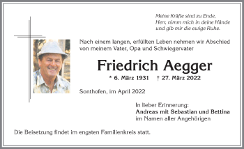 Traueranzeige von Friedrich Aegger von Allgäuer Anzeigeblatt