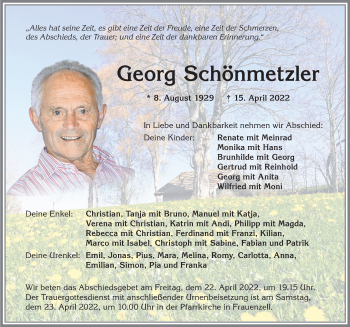 Traueranzeige von Georg Schönmetzler von Allgäuer Zeitung,Kempten