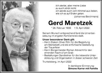 Traueranzeige von Gerd Maretzek von Memminger Zeitung