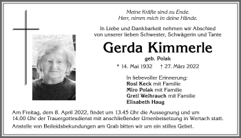 Traueranzeige von Gerda Kimmerle von Allgäuer Anzeigeblatt