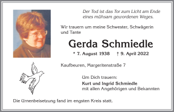 Traueranzeige von Gerda Schmiedle von Allgäuer Zeitung, Kaufbeuren/Buchloe