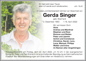 Traueranzeige von Gerda Singer von Memminger Zeitung