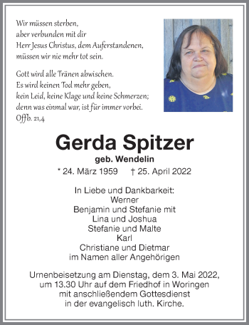 Traueranzeige von Gerda Spitzer von Memminger Zeitung