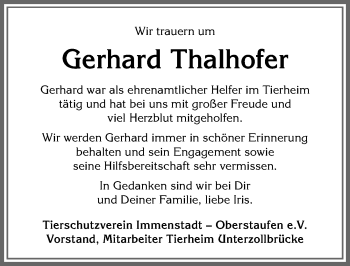 Traueranzeige von Gerhard Thalhofer von Allgäuer Anzeigeblatt