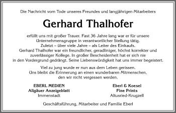 Traueranzeige von Gerhard Thalhofer von Allgäuer Anzeigeblatt