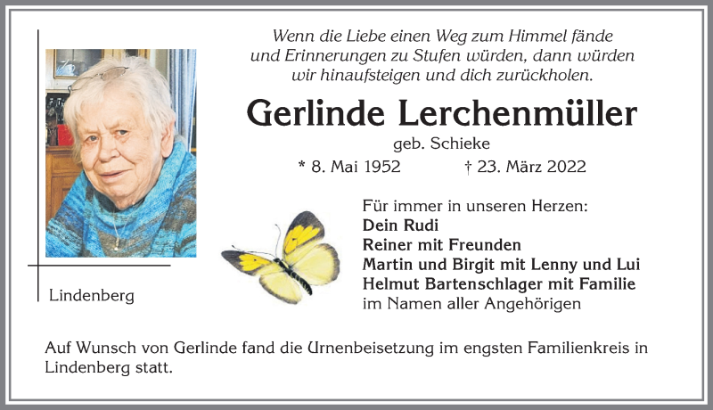  Traueranzeige für Gerlinde Lerchenmüller vom 02.04.2022 aus Allgäuer Zeitung, Kaufbeuren/Buchloe