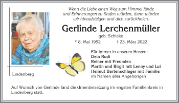 Traueranzeige von Gerlinde Lerchenmüller von Allgäuer Zeitung, Kaufbeuren/Buchloe