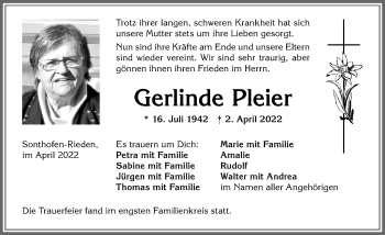 Traueranzeige von Gerlinde Pleier von Allgäuer Anzeigeblatt