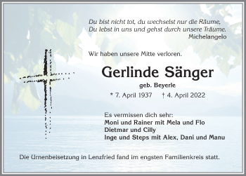 Traueranzeige von Gerlinde Sänger von Allgäuer Zeitung,Kempten