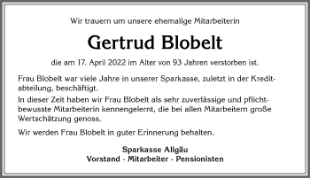 Traueranzeige von Gertrud Blobelt von Allgäuer Anzeigeblatt